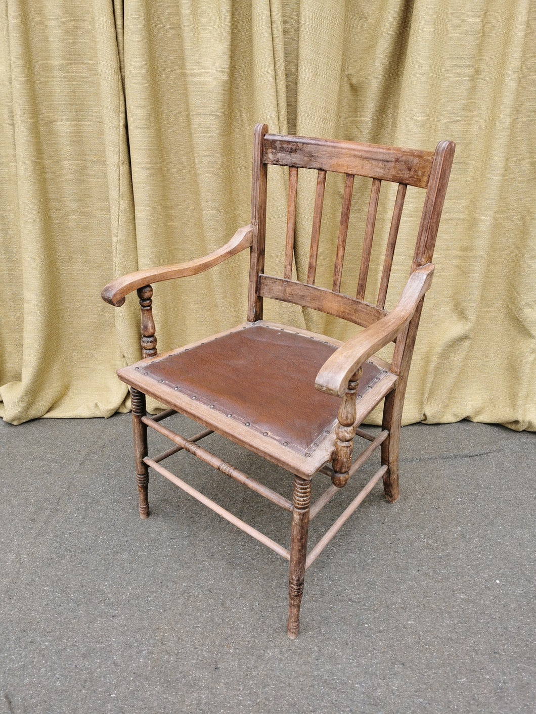 Wooden Carver Chair with Brown Leather Seat