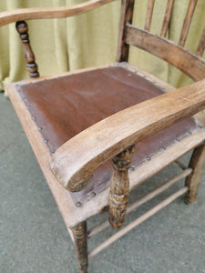 Wooden Carver Chair with Brown Leather Seat