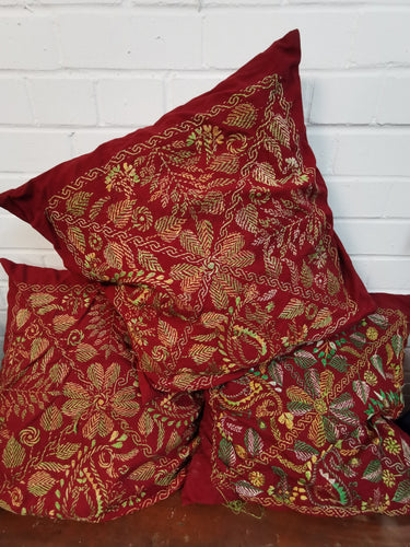 Red Cotton Cushions with Green Embroidery